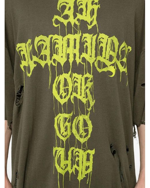 KAMIYA Green Cross-Print Distressed T-Shirt for men