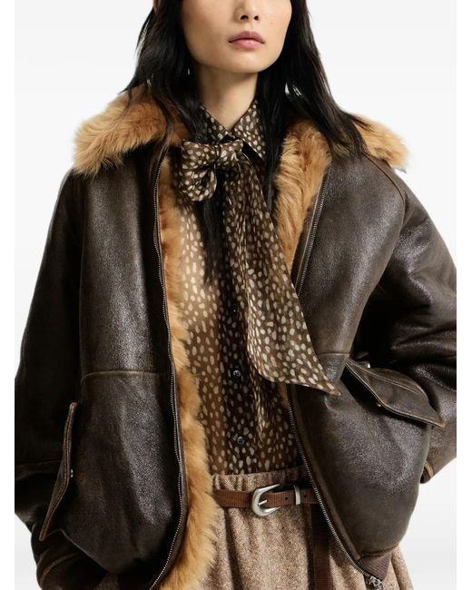 Brunello Cucinelli Brown Vintage-Effect Shearling Bomber Jacket With Shiny Zipper Pull