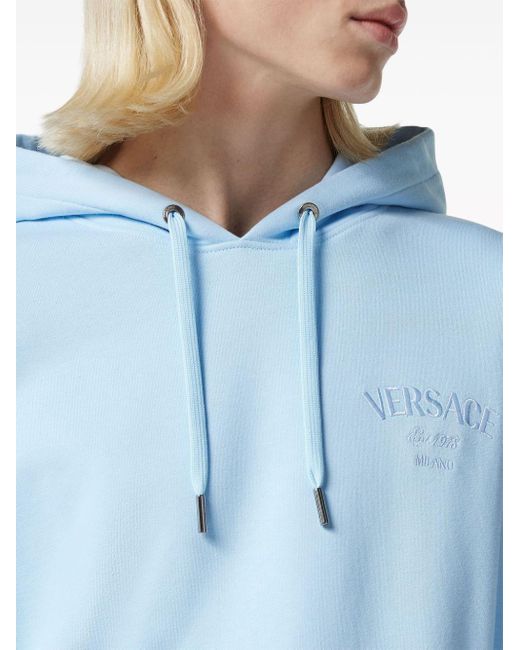 Versace Blue Logo-embroidered Cotton Hoodie for men