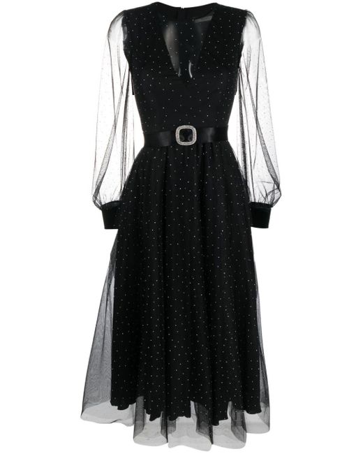 Nissa Black Crystal-embellished Belted-waist Dress