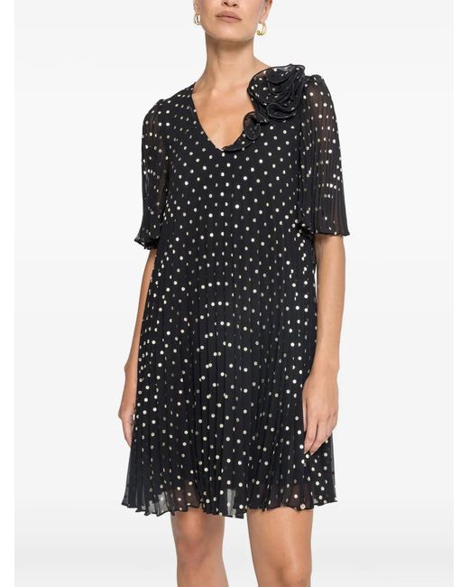 Nissa Black Polka-Dots Pleated Midi Dress