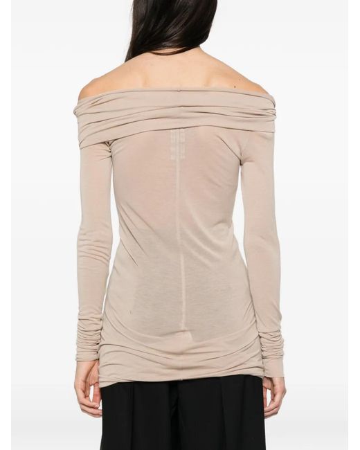 Rick Owens Natural Off-Shoulder Log-Sleeve T-Shirt