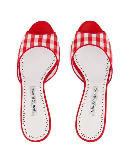 Manolo Blahnik Red Jadara Cotton Gingham Mules