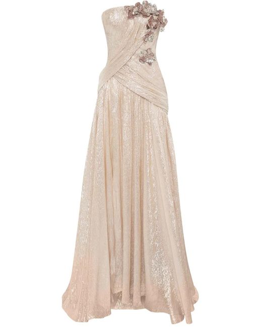 Oscar de la Renta Natural Orchid Embroidered Silk Chiffon Gown