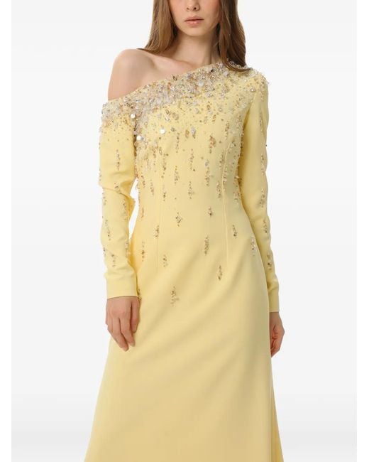 Dina Melwani Yellow Crystal-Embellished One-Shoulder Maxi Gown