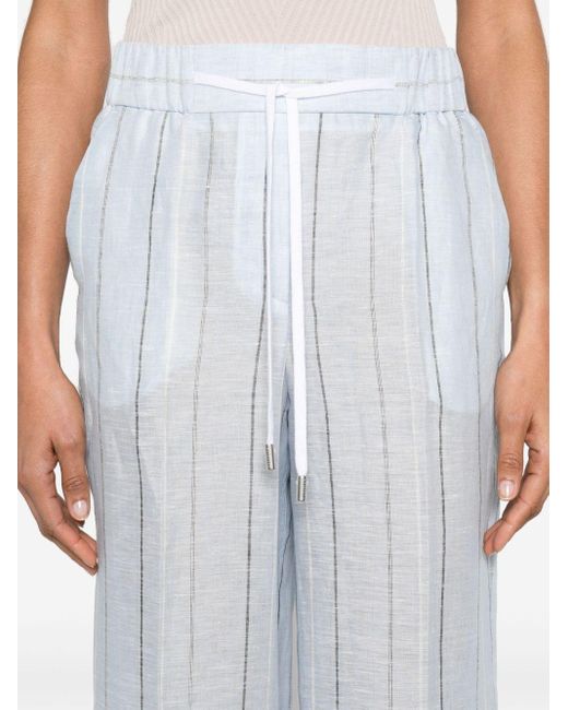 Peserico White Pinstriped Linen Straight Trousers