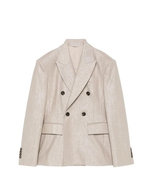 Brunello Cucinelli White Double-Breasted Metallic-Effect Blazer