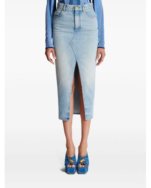 Balmain Blue Denim Midi Skirt