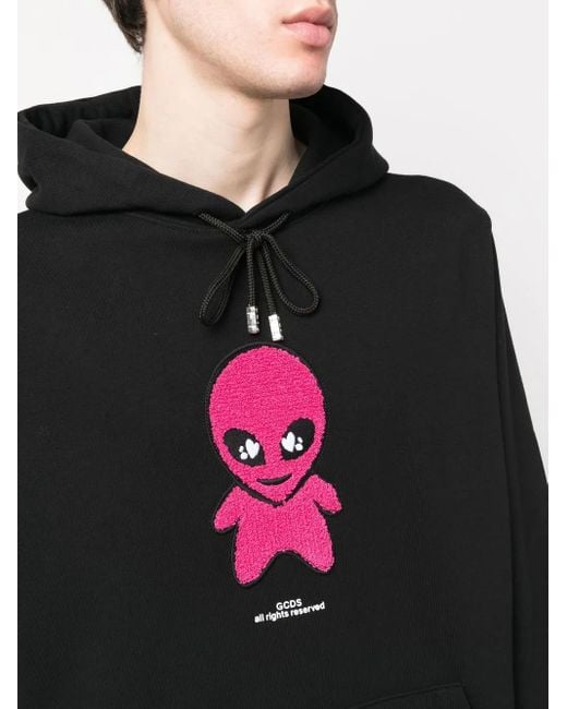 Gcds Black Cotton Drawstring Sweatshirt With Alien Patch for men