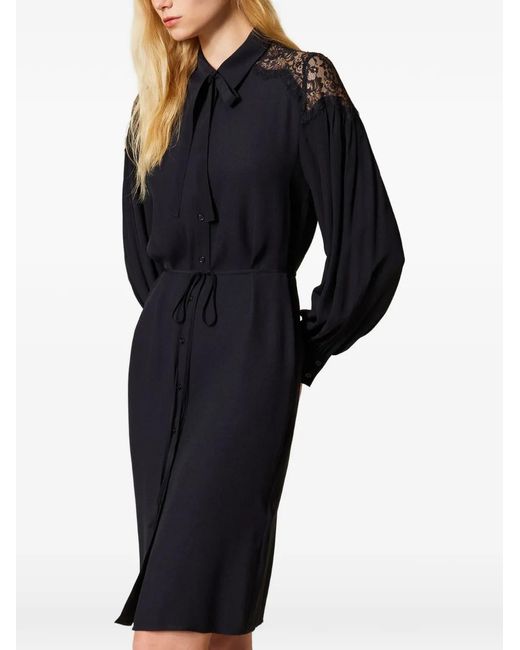 Twinset Blue Lace-Panel Georgette Midi Dress