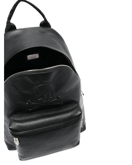Philipp Plein Black Embossed Skull Backpack for men