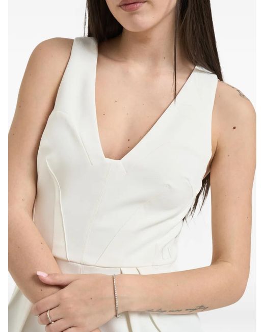 Elisabetta Franchi White Pleated V-Neck Sleeveless Midi Dress