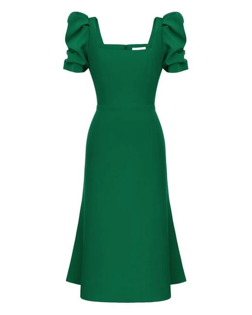 POST MERIDIEM Green Puff-Sleeve Square-Neck Midi Dress