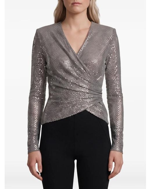 Self-Portrait Gray Rhinestone Mesh Wrap Top