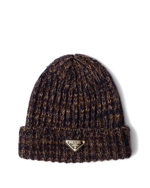 Prada Brown Mélange-Knit Triangle-Logo Beanie