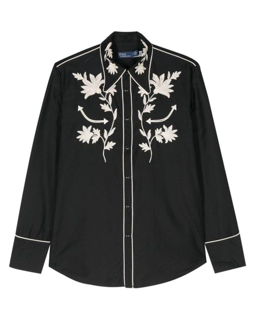 Polo Ralph Lauren Black Floral-embroidery Western Blouse