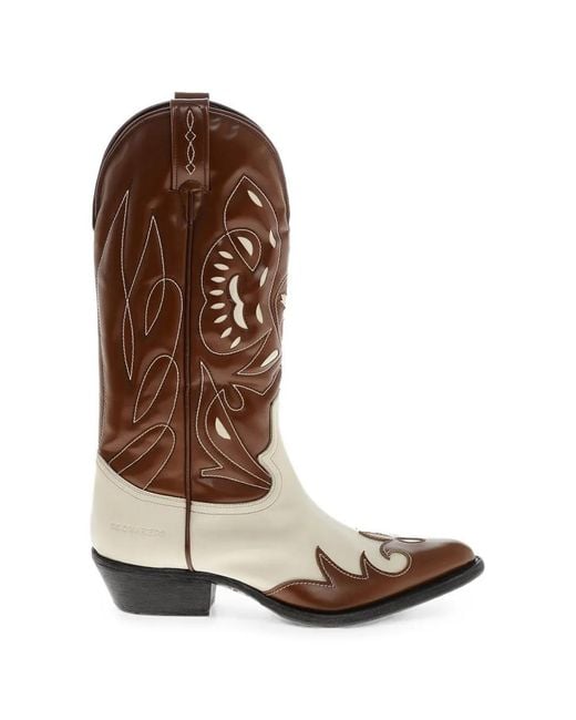 DSquared² Brown Topstitched Leather Cowboy Boots for men