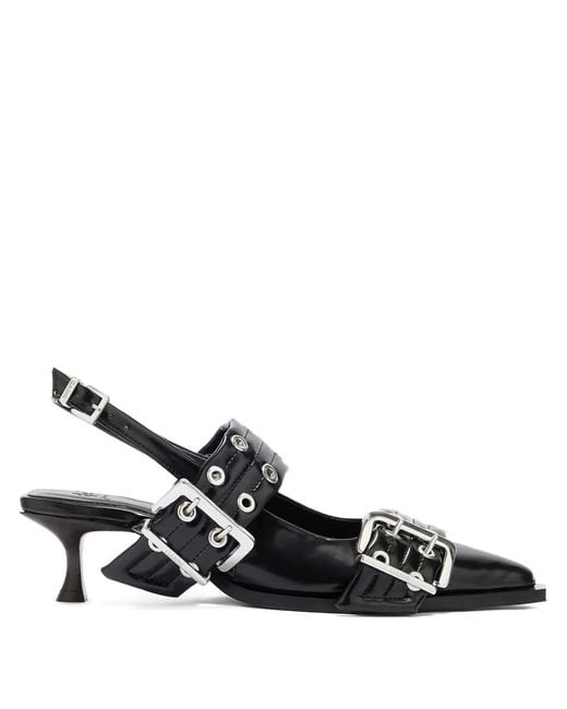 Ganni Black Buckle-Strap Slingback Heels