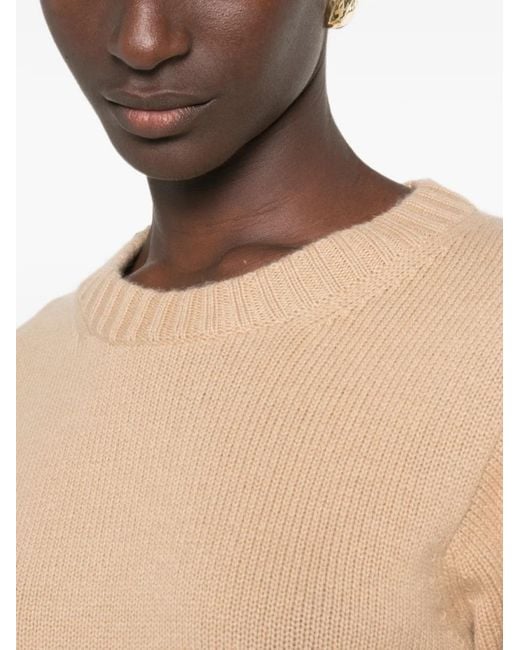 Allude Natural Ribbed-Trim Long-Sleeve Sweater