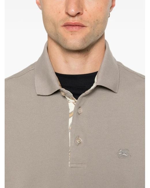 Etro Gray Pegaso-Embroidered Long-Sleeve Polo Shirt for men