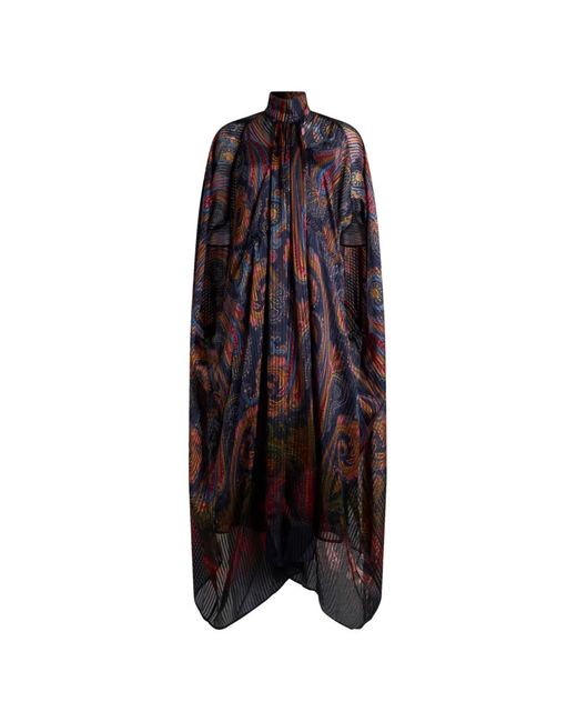 Etro Blue Long Silk Dress With Cape And Degradé Paisley Motif