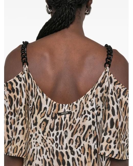 Moschino White Leopard-Print Cold-Shoulder Midi Dress