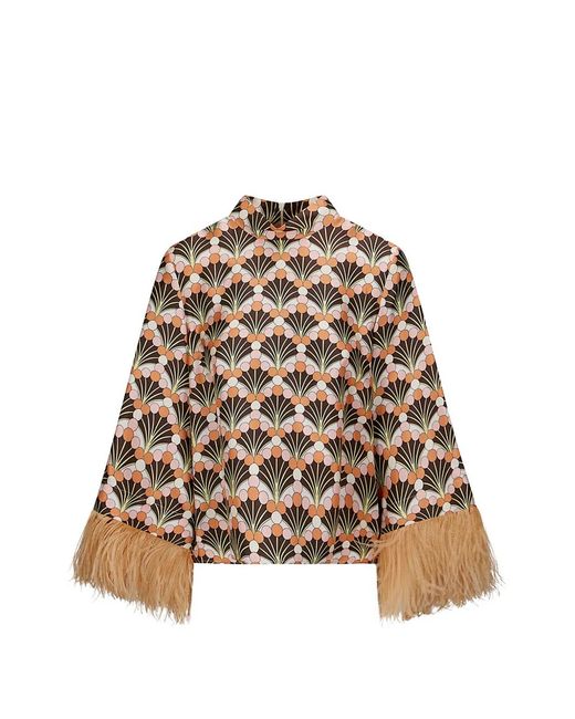 LaDoubleJ Brown Make An Exit Feather-Trim Blouse