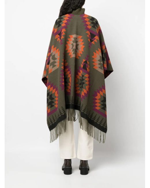 Woolrich Green Geometric Print Wool Blend Cape