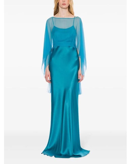 Alberta Ferretti Blue Long Satin Dress With Removable Chiffon Cape Top