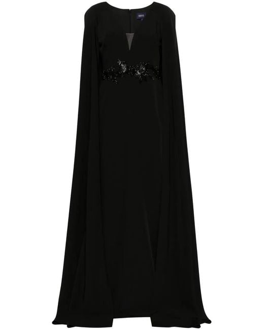 Marchesa Black Floral-Appliqué Cape Gown