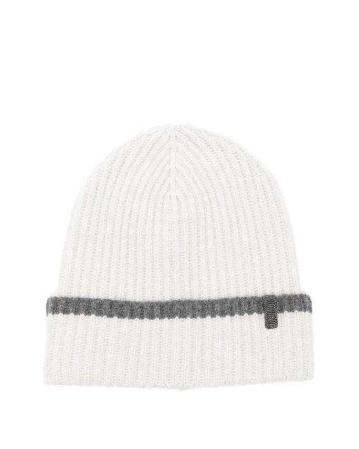 Brunello Cucinelli White Ribbed Cashmere Beanie