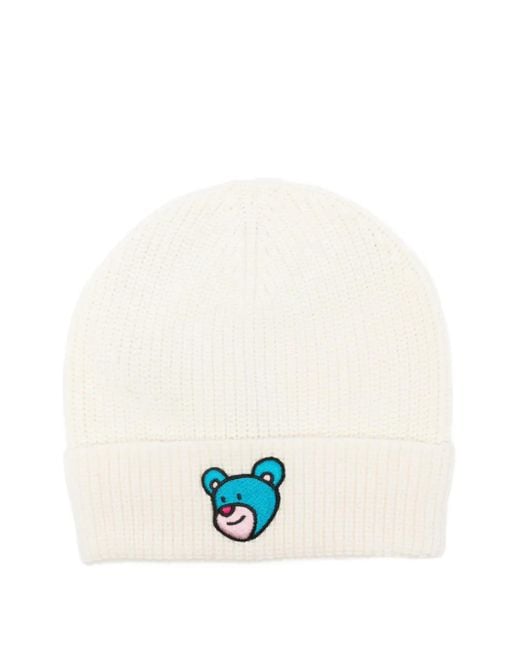 INBETWEENERS White Ribbed Bear-Embroidered Beanie for men