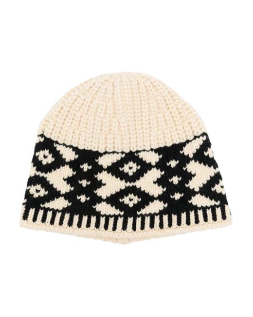 Low Classic Patterned Intarsia Knit Beanie Hat in Black  display picture 1