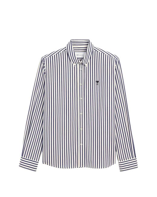 AMI White Striped Cotton Shirt With Ami De Coeur
