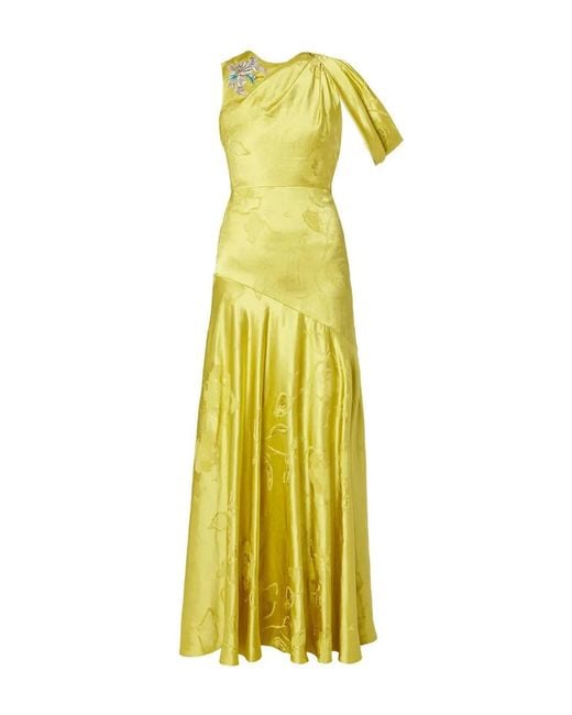 Erdem Yellow Embellished Draped Jacquard Gown