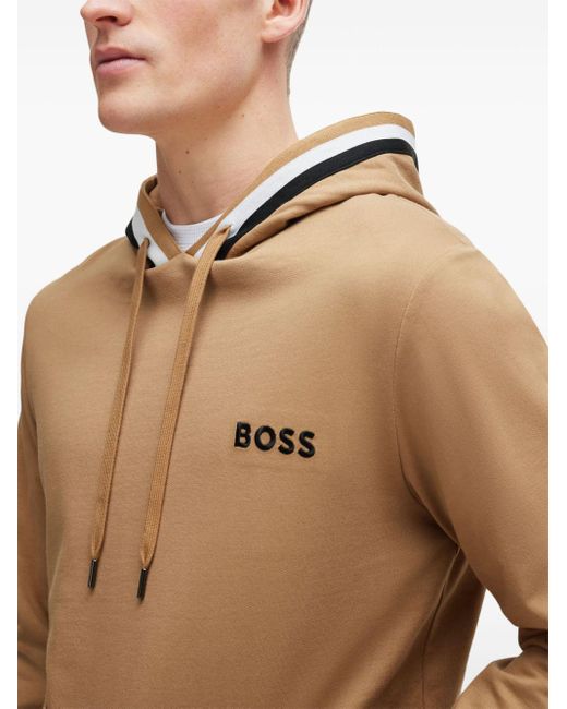 Boss Brown Logo-embroidered Cotton Hoodie for men