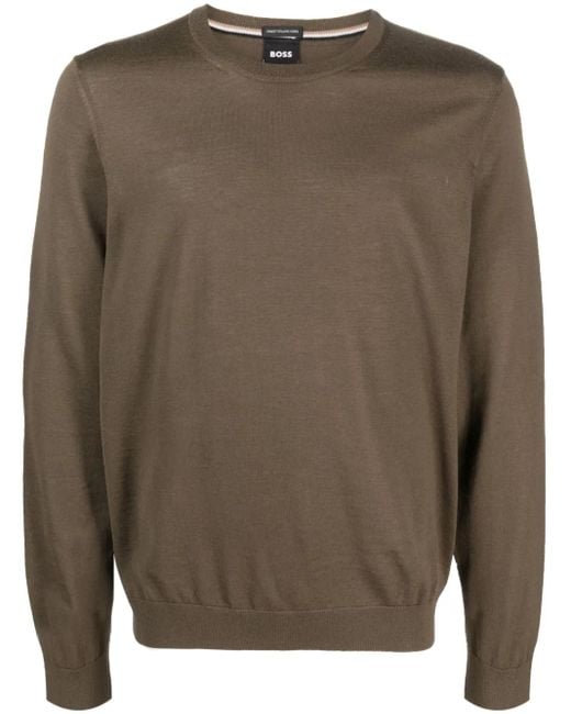 Boss Brown Round-Neck Virgin-Wool Jumper for men