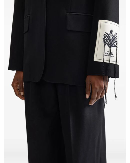 Erdem Black Satin-Lapel Logo-Patch Blazer