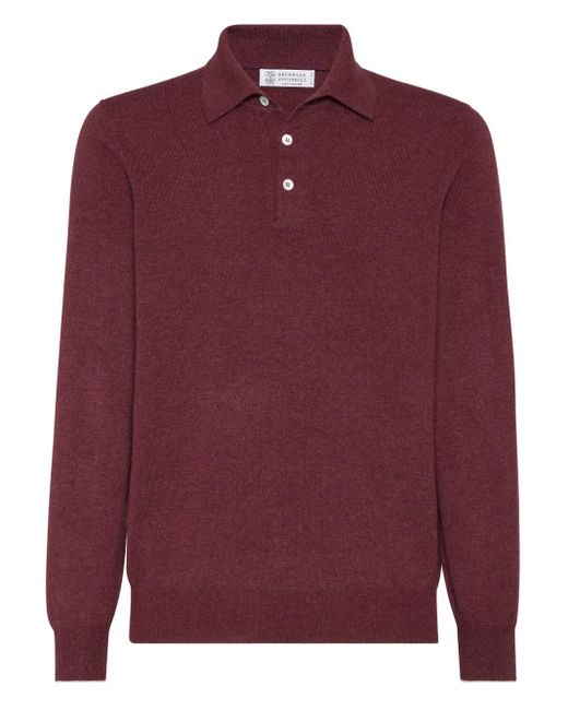 Brunello Cucinelli Red Long-Sleeve Cashmere Polo Shirt for men