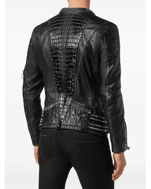 Philipp Plein Black Leather Biker Jacket Studs for men