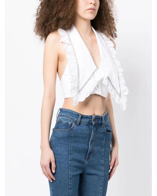Area White Crystal-Embellished Cropped Top