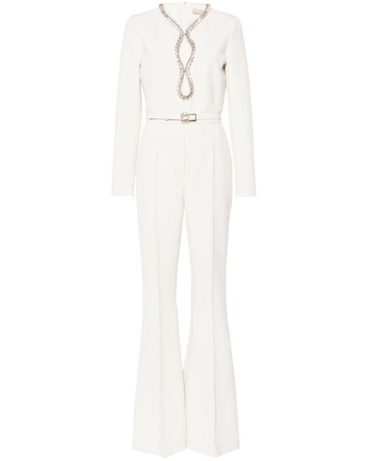 Elie Saab White Crystal-Embellished Belted Jumpsuit