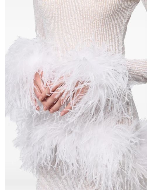 Atu Body Couture White Sequin-Embellished Feather-Trim Maxi Dress