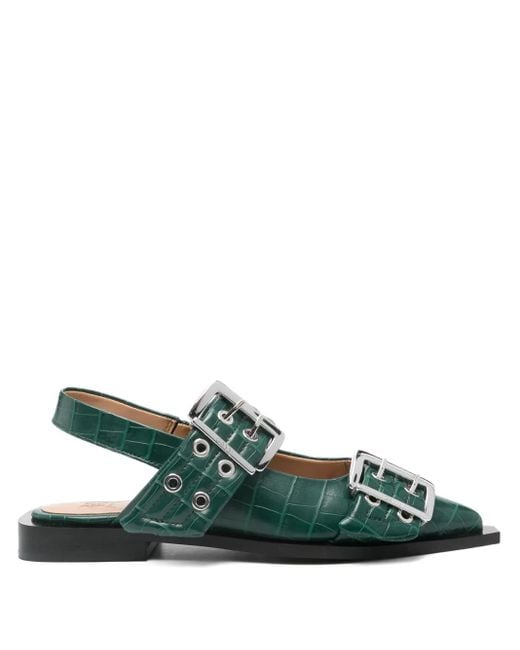 Ganni Green Double-Buckle Pointed Flat Pumps