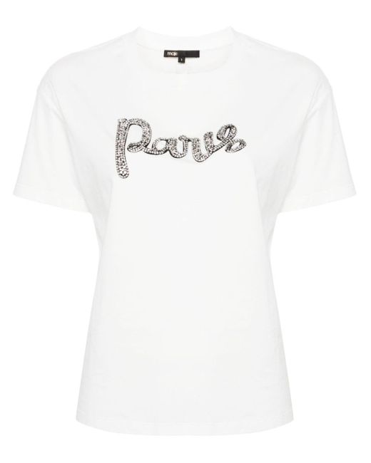 Maje White Crystal-lettering Cotton T-shirt