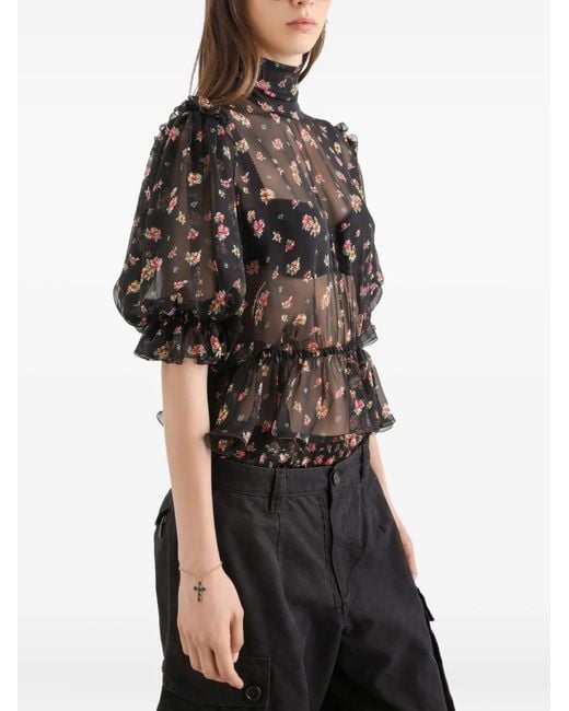 Dolce & Gabbana Black Ruffled Floral Blouse