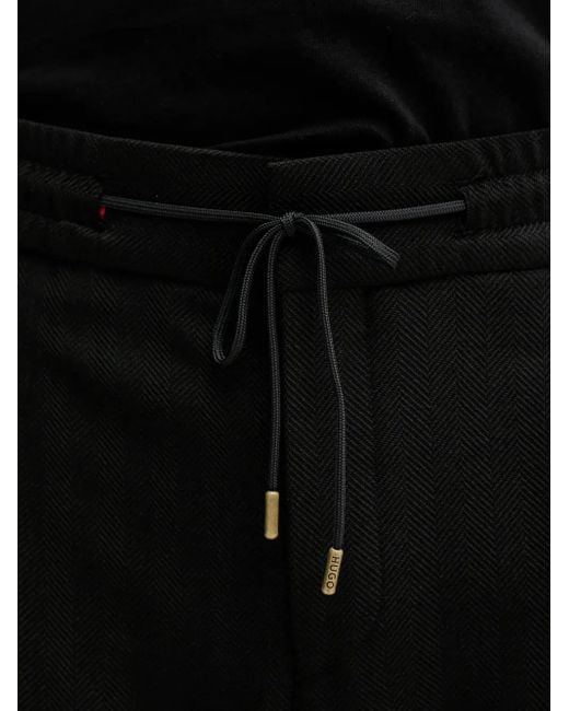 HUGO Black Herringbone Drawstring Trousers for men