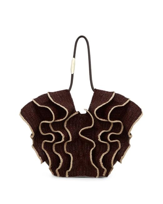 Zimmermann Brown Ruffle-Trimmed Woven Tote Bag