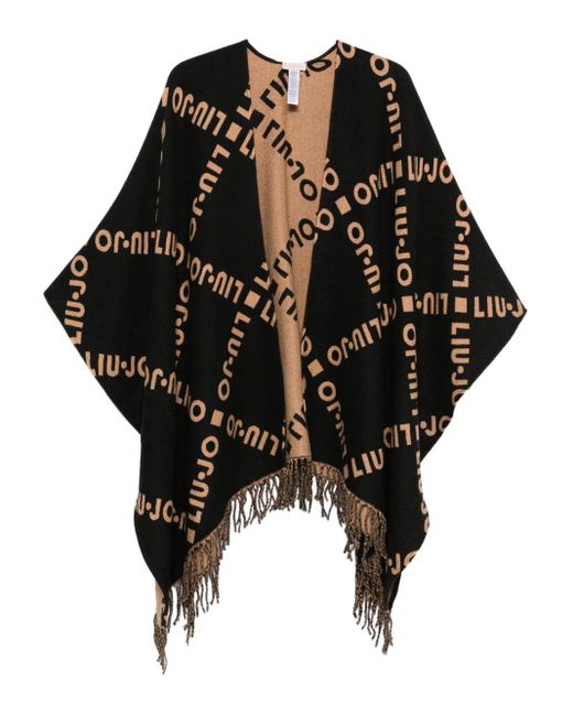 Liu Jo Black Logo-Pattern Fringed Cape
