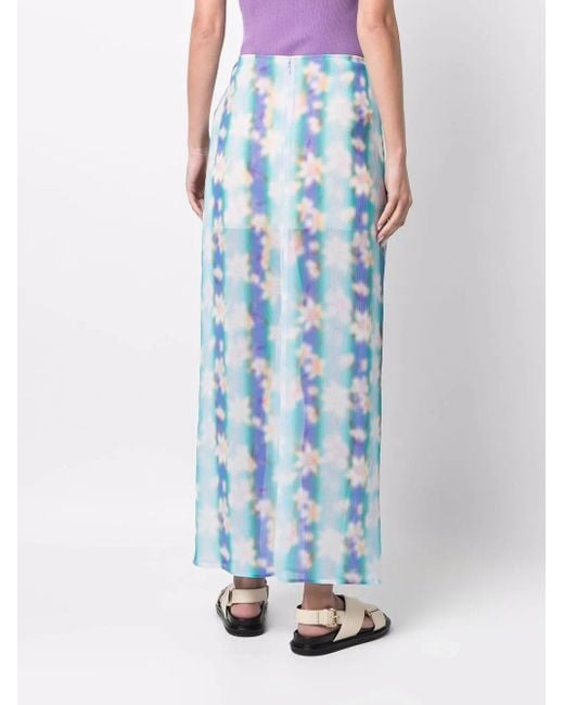 Nina Ricci Blue Floral-Print Straight Maxi Skirt